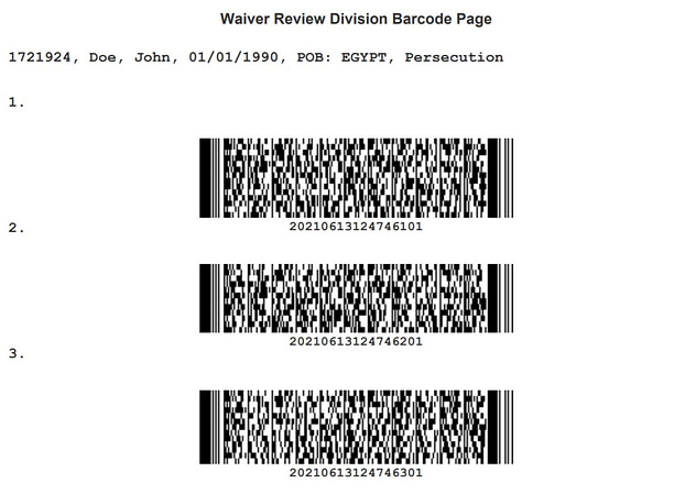 Example barcoded page generated after completing online DS-3035