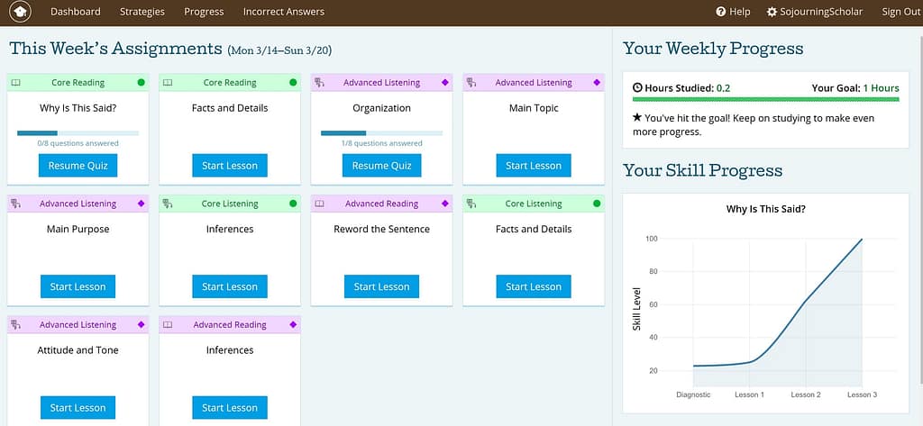 PrepScholar TOEFL course dashboard