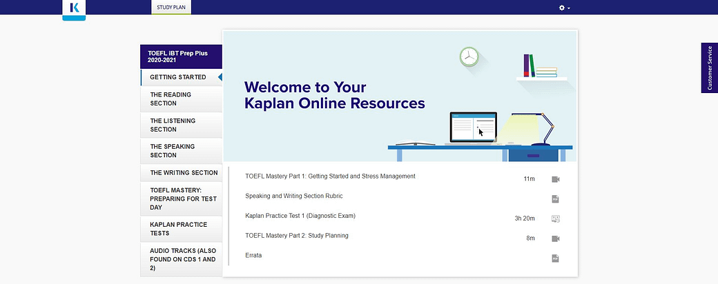 Kaplan's TOEFL iBT Prep Plus 2020 - 2021 Online Center dashboard 