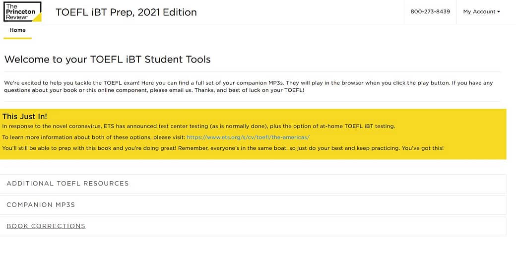 Screenshot of online companion tool from the TOEFL iBT Prep 2021