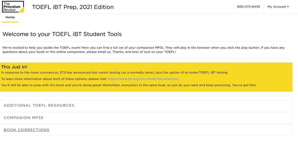 TPR Online Dashboard Screenshot of online companion tool from the TOEFL iBT Prep 2021