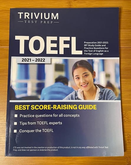 Trivium TOEFL Prep Book 2021-2022 on a table
