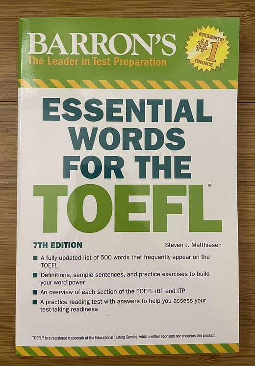 Barrons Essential Words for the TOEFL on a table