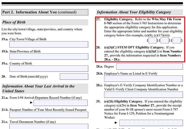 Sample Form I-765 showing eligibility category for EAD which commonly triggers an OPT RFE Sample Form I-765 showing eligibility category for EAD which commonly triggers an OPT RFE