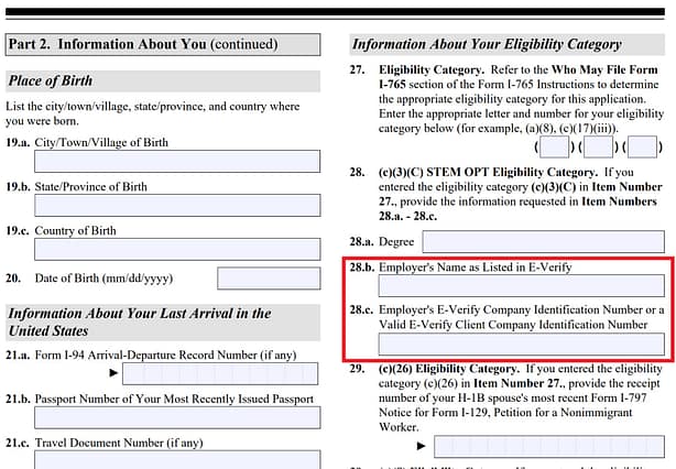 Sample Form I-765 showing employer information section which commonly triggers an OPT RFE