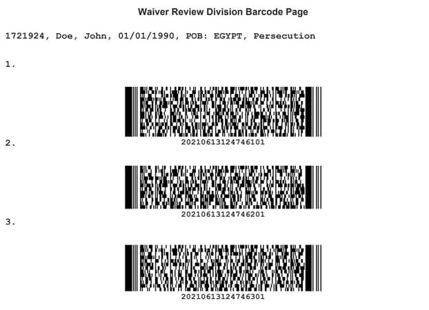 Example barcoded page generated after completing online DS-3035 Example barcoded page generated after completing online DS-3035