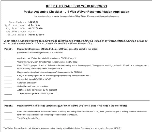 Completed J1 waiver application checklist