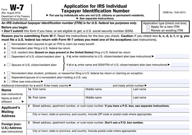 Form W7 used to get the ITIN number