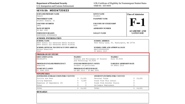 Slide5 Page 5 of the Form I-20 showing the program end date after which the 60-day grace periods begins