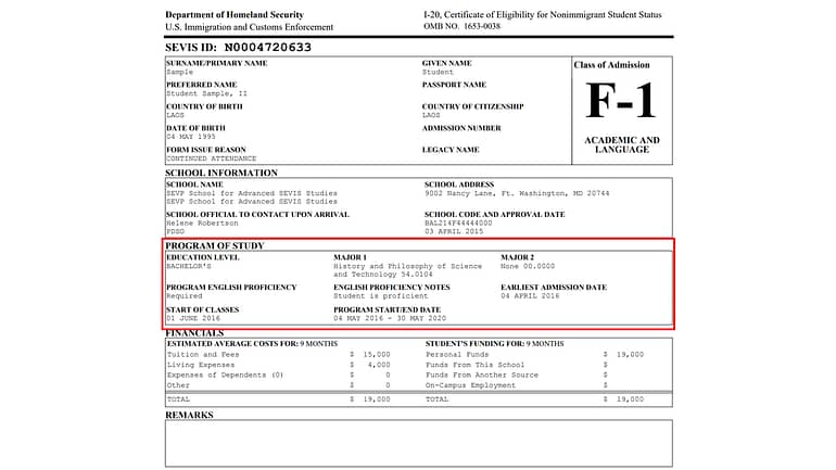 Page 5 of the Form I-20 showing the program end date after which the 60-day grace periods begins