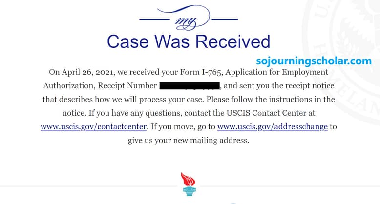 USCIS Case Was Received USCIS case update showing that Form I-765 Application was received