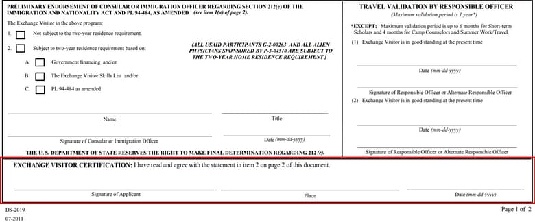 DS-2019 Certification Section