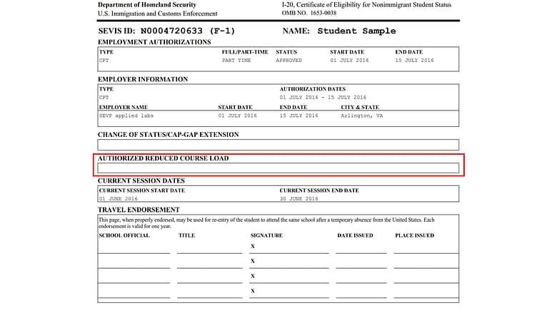 Page 2 of the Form I-20 highlighting the authorization for reduced course load Page 2 of the Form I-20 highlighting the authorization for reduced course load section