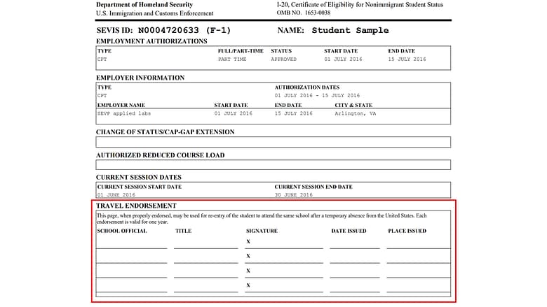 Page 2 of the Form I-20 highlighting the travel endorsement section Page 2 of the Form I-20 highlighting the travel endorsement section
