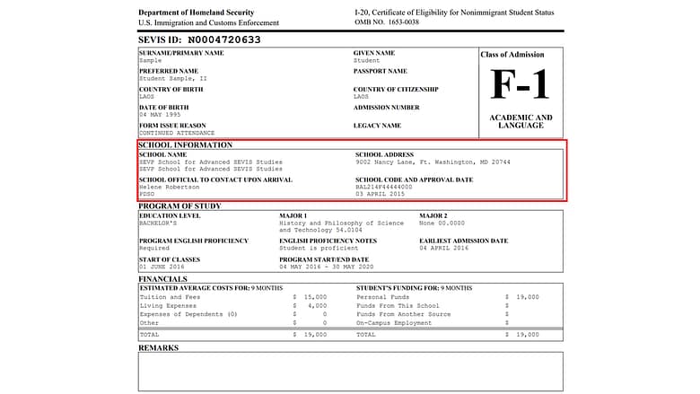Page 1 of the Form I-20 highlighting the school information section Page 1 of the Form I-20 highlighting the school information section