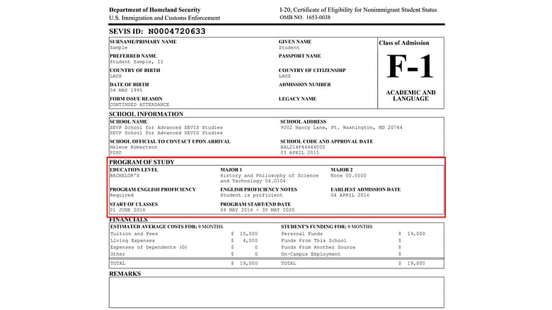 Page 1 of the Form I-20 highlighting the program of study section Page 1 of the Form I-20 highlighting the program of study section
