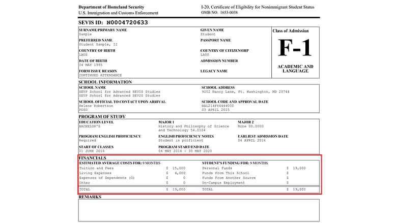Page 1 of the Form I-20 highlighting the financials section Page 1 of the Form I-20 highlighting the financials section
