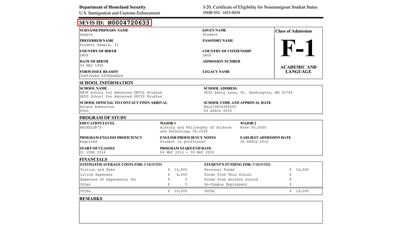 Page 1 of the Form I-20 highlighting the SEVID ID Number