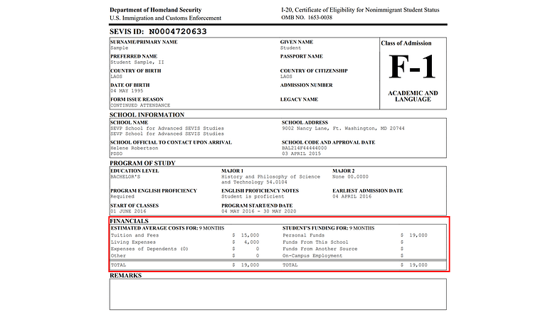 Page 1 of the Form I-20 highlighting the financials section