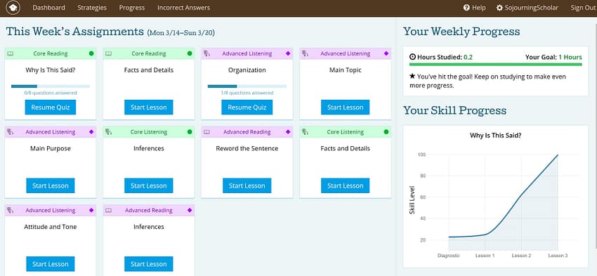 PrepScholar TOEFL course dashboard