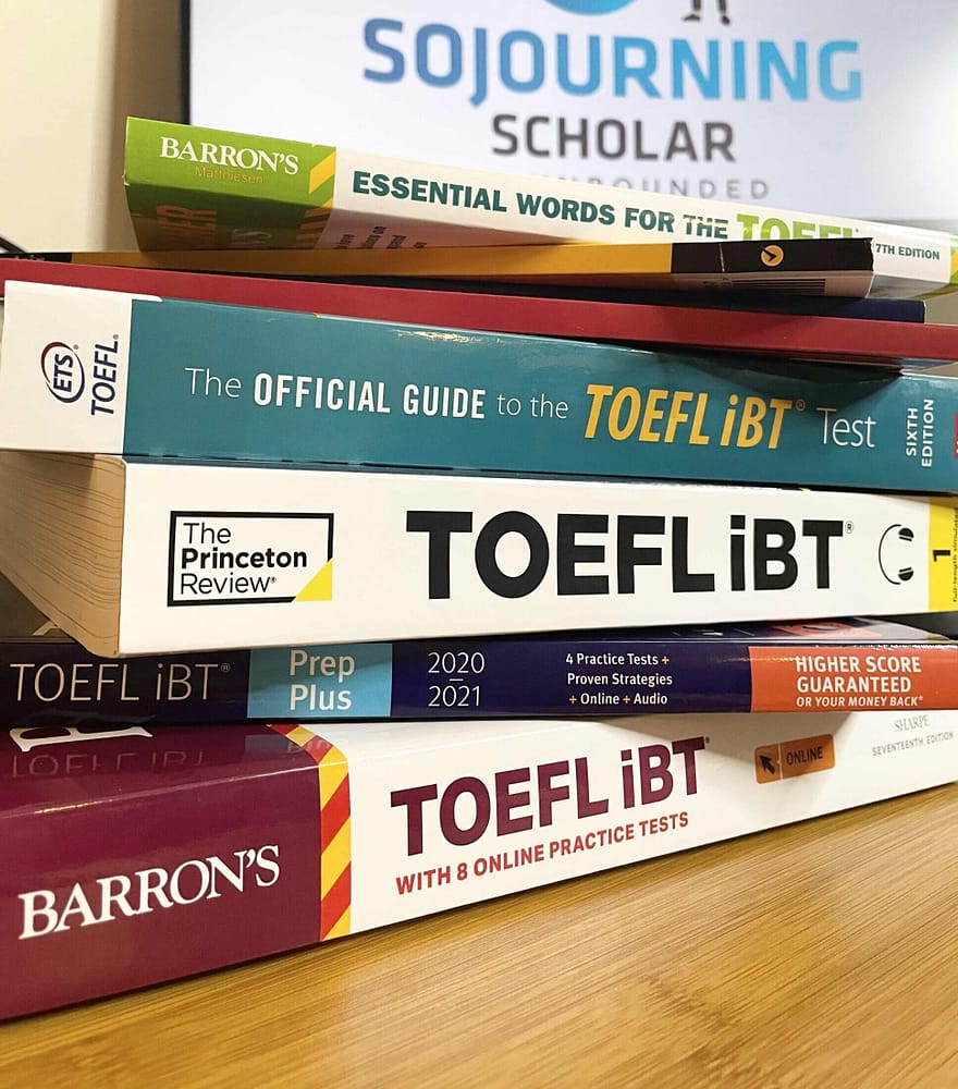 Stack of the best TOEFL Prep Books on a table