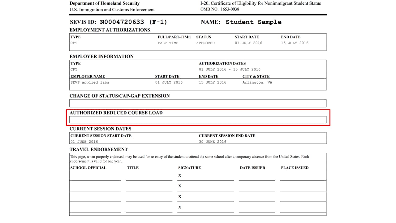 Page 2 of the Form I-20 highlighting the authorization for reduced course load section