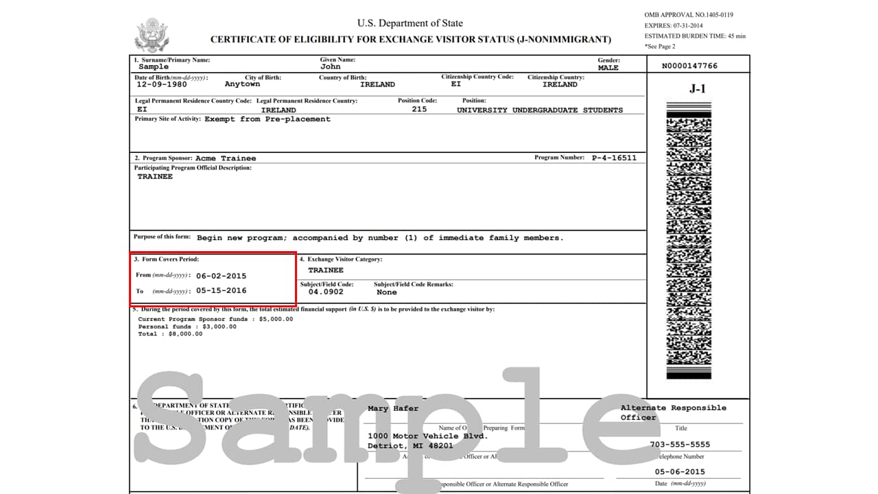 page 1 of DS-2019 showing the end date beyond whichhe grace period for international students in a J-1 status starts