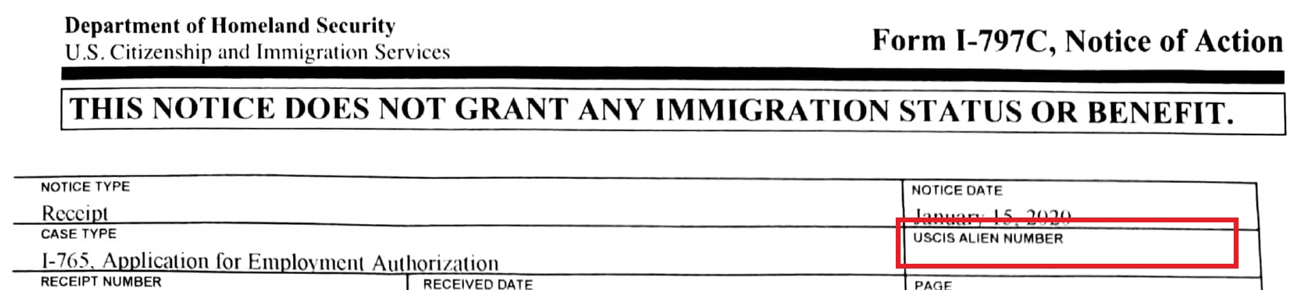 Form I-797 showing USCIS Alien Number