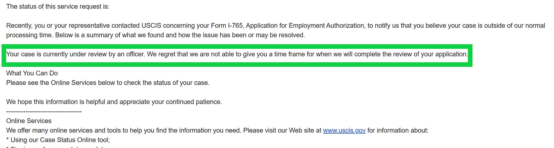 an email from USCIS responding to online case inquiry