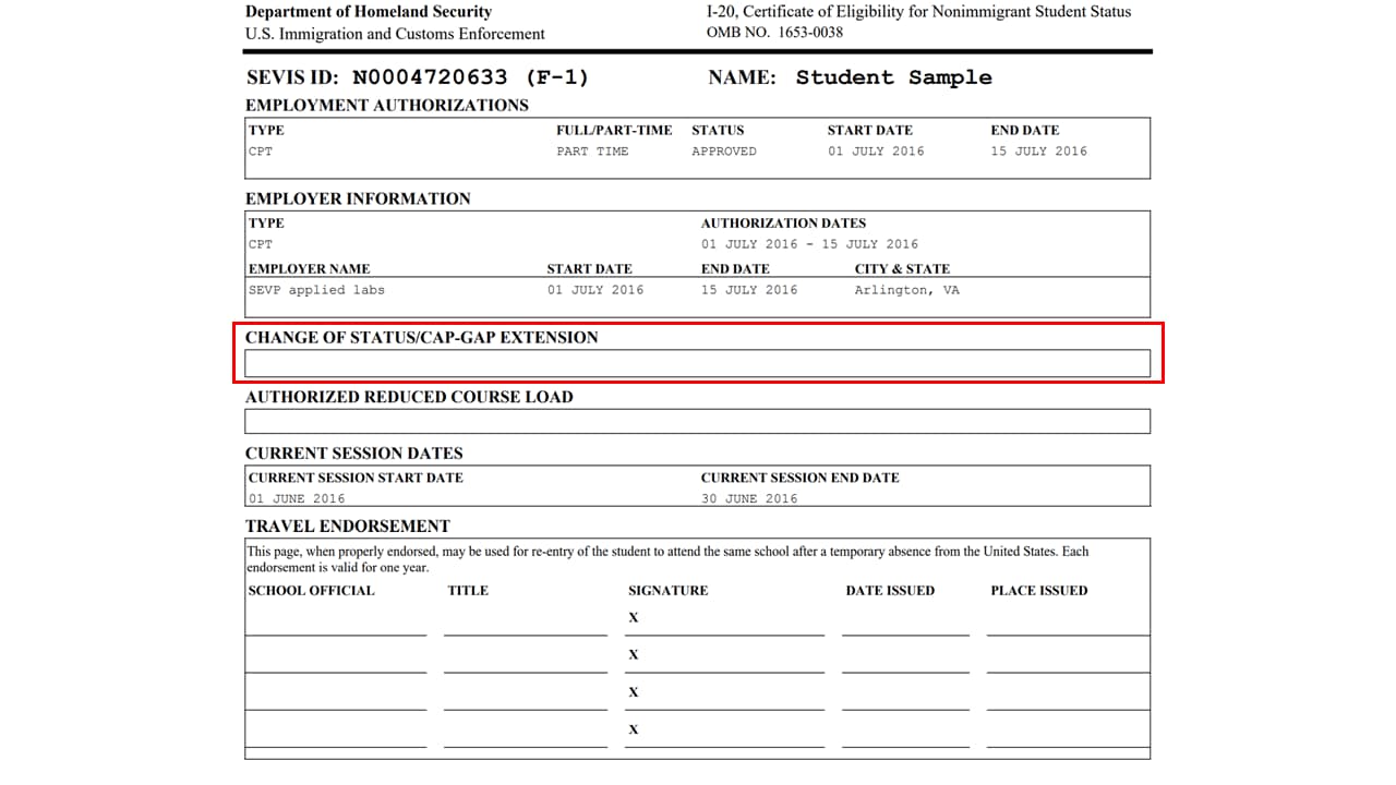 Page 2 of the Form I-20 highlighting the change of status section