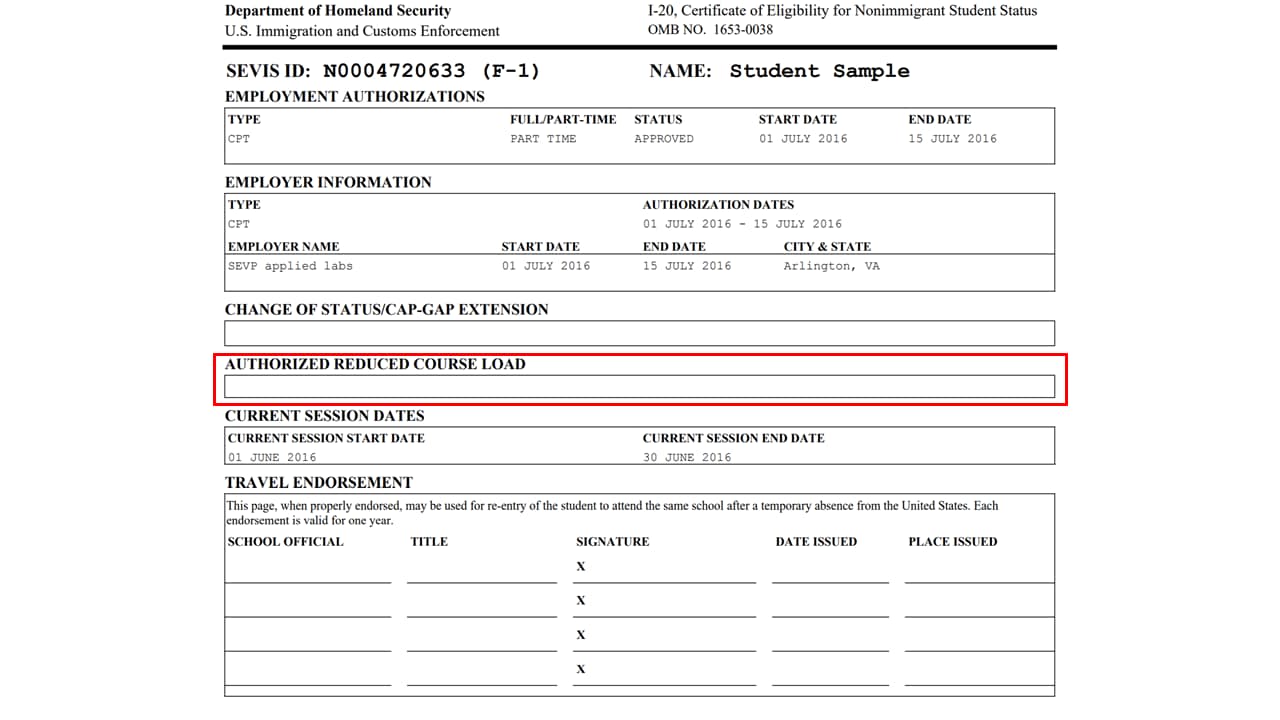 Page 2 of the Form I-20 highlighting the authorization for reduced course load section
