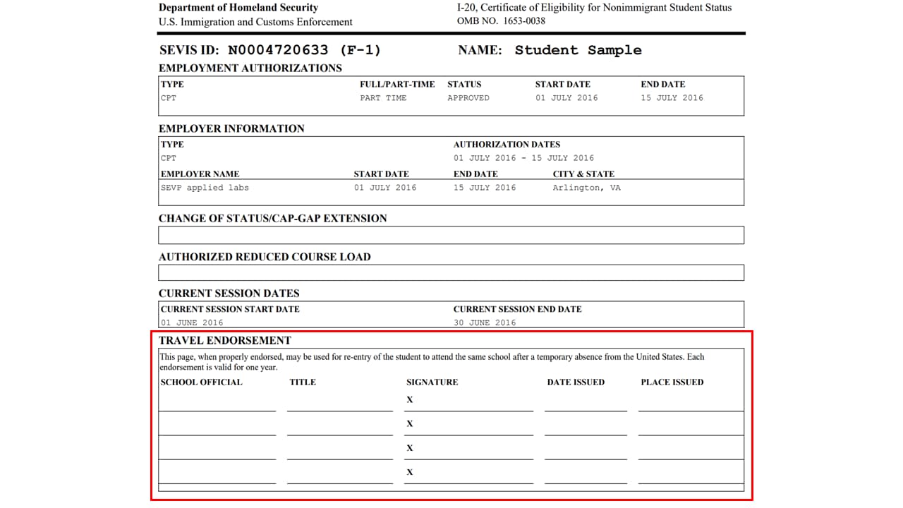 Page 2 of the Form I-20 highlighting the travel endorsement section