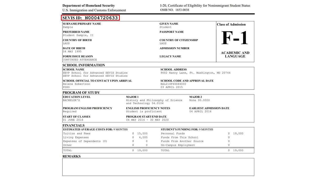 Page 1 of the Form I-20 highlighting the SEVID ID Number