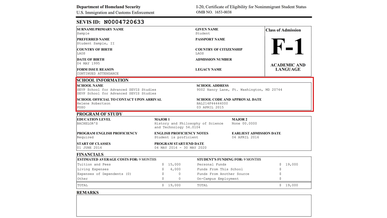 Page 1 of the Form I-20 highlighting the school information section