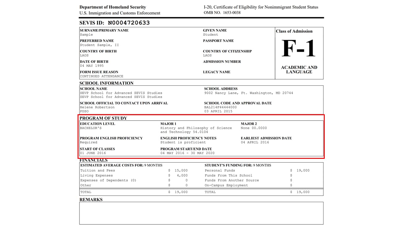 Page 1 of the Form I-20 highlighting the program of study section