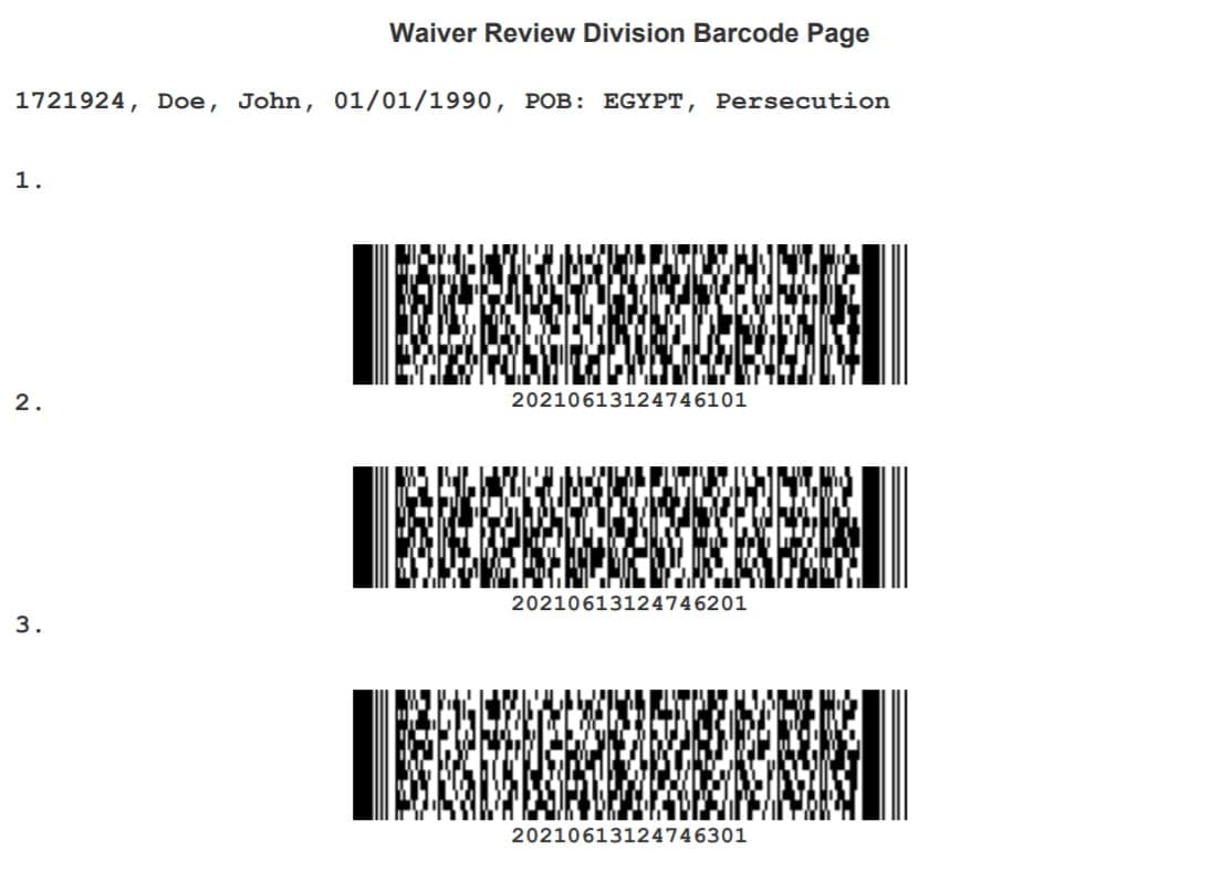 Example barcoded page generated after completing online DS-3035