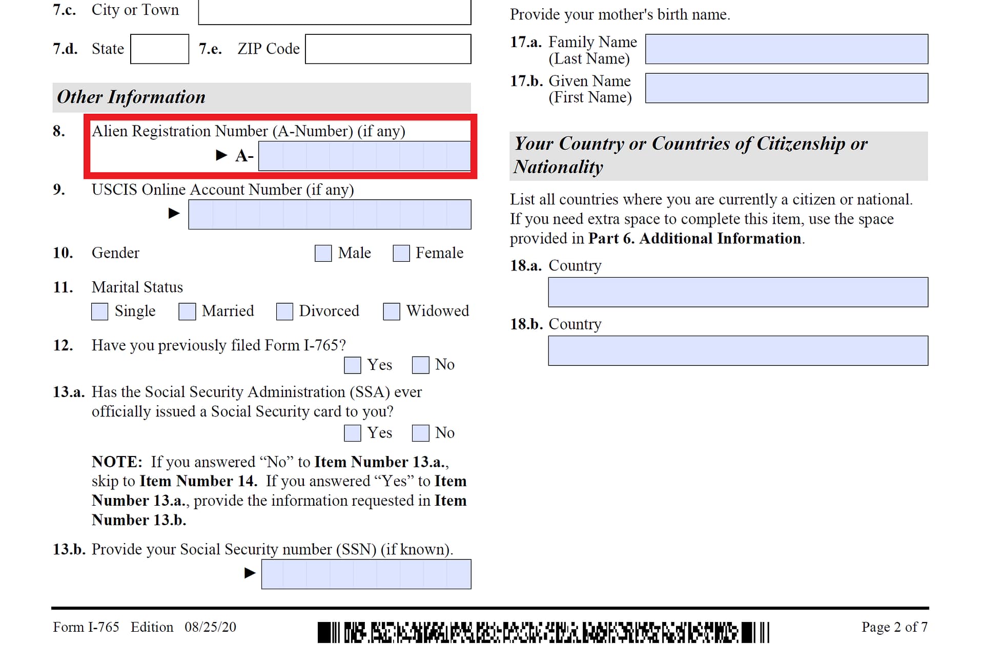 Form I-765 showing Alien Registration Number